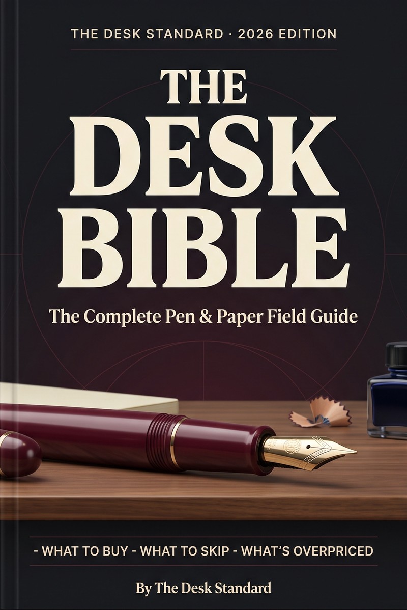 The Desk Bible — The Complete Pen & Paper Field Guide, by The Desk Standard. 2026 Edition cover showing a burgundy fountain pen, notebook and ink bottle on a walnut desk.